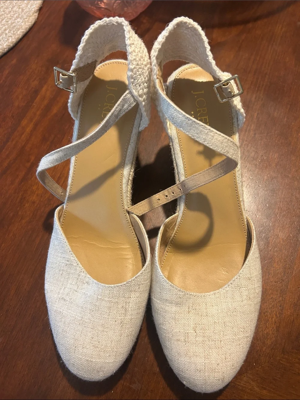 J.Crew Cream Linen Espadrille Wedge Sandals with Ankle Strap
